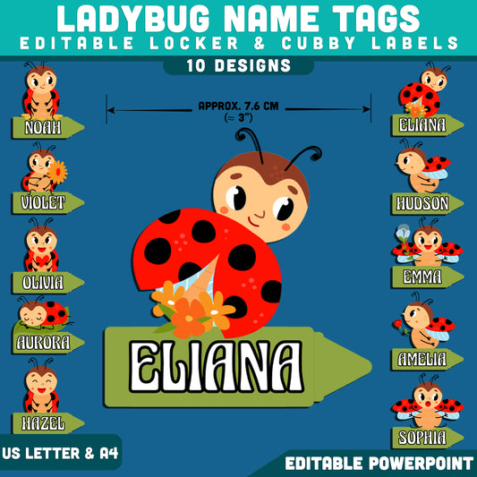 Funny Ladybug Name Tags, Editable Locker & Cubby Labels, Cheerful Classroom Organization, PowerPoint, 10 Designs, Student Spaces, US Letter, A4