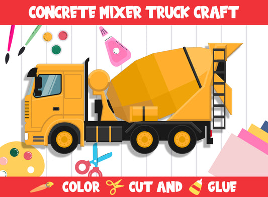 Construction Vehicle Craft Activity - Concrete Mixer Truck : Color, Cut, and Glue for PreK to 2nd Grade, PDF File, Instant Download