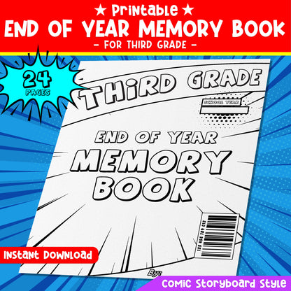 Printable End of the Year Memory Book for Third Grade (3rd grade), Fun Coloring & Writing Comic Keepsake, 24 Pages, PDF Download