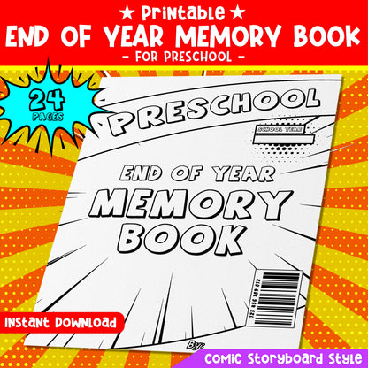 Preschool End of Year Memory Book – 24-Page Printable Comic-Style Keepsake for Coloring & Writing, Instant Download