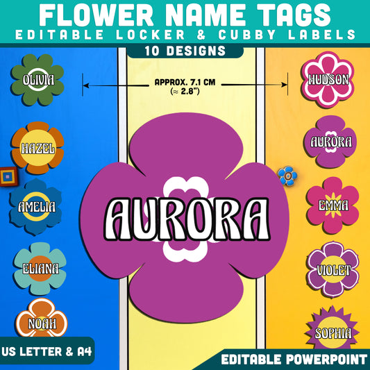 Flower Name Tags, Editable Locker & Cubby Labels, Printable Classroom Organization, Editable PowerPoint, 10 Bright Floral Designs, US Letter, A4