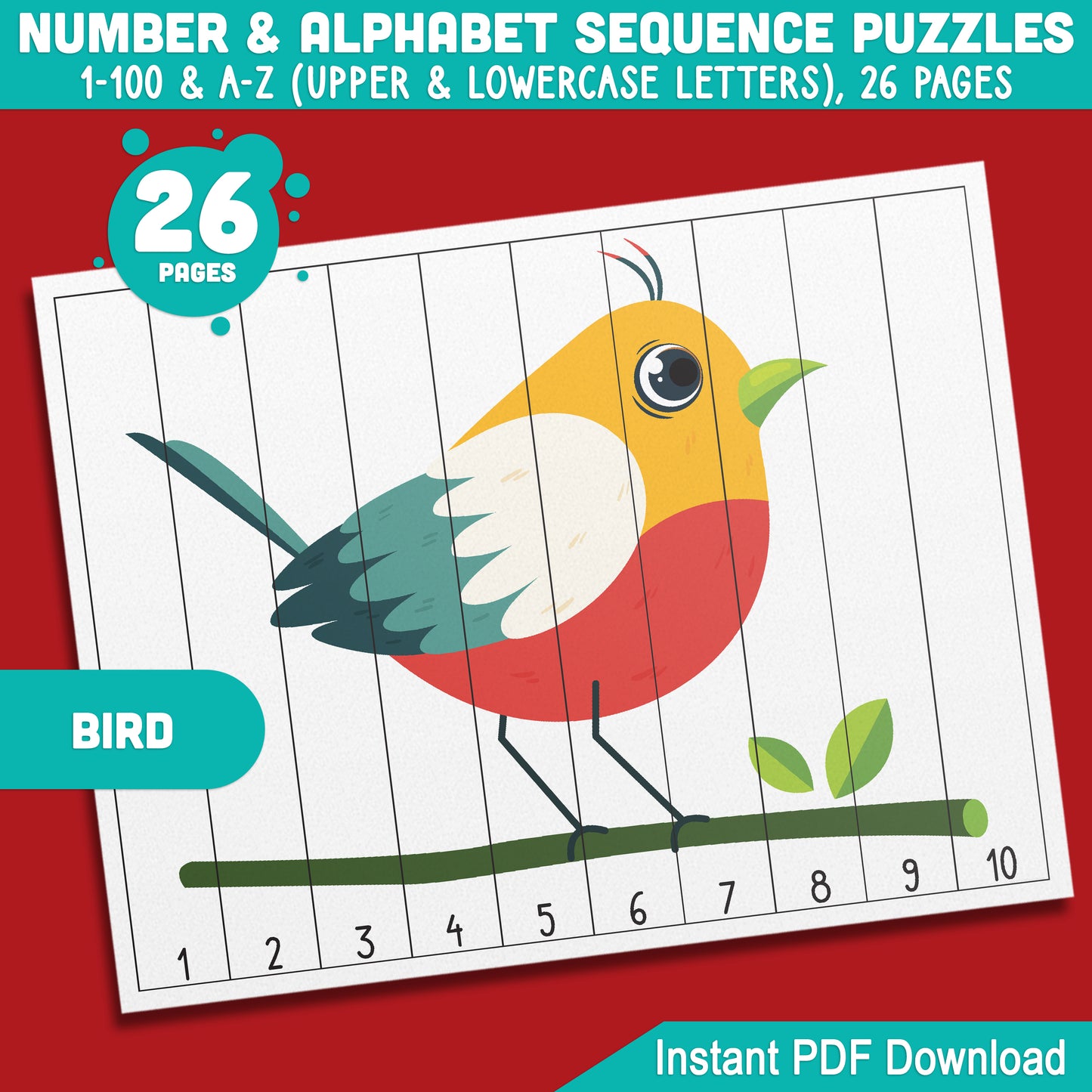 Bird Number and Alphabet Stripe Puzzles: 1-100 Counting and A-Z Sequencing for Toddlers, Preschool, and Kindergarten, Fun for Math Centers, Printable PDF Download