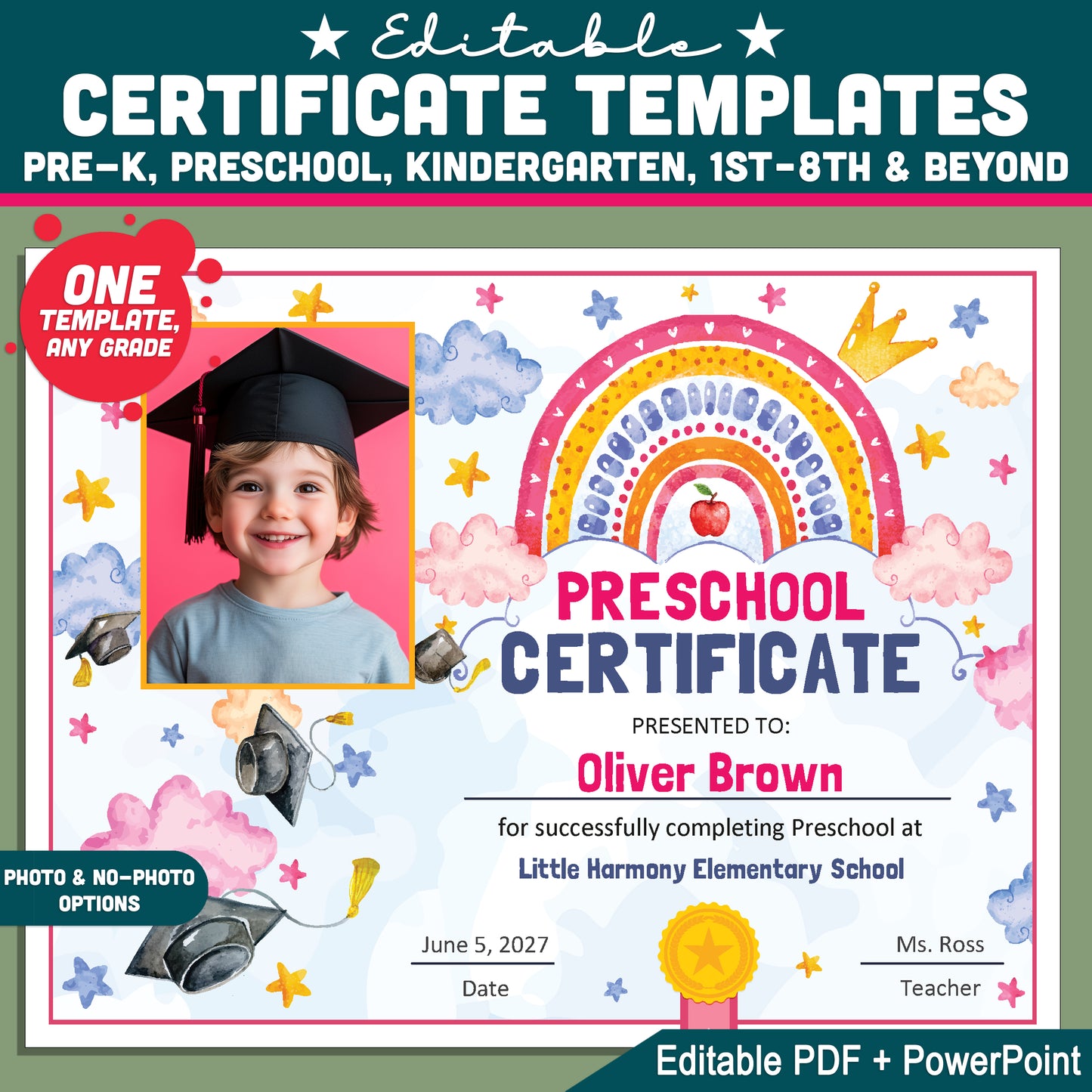 Fillable Certificate Template, Graduation Diploma and Awards, Any Grade