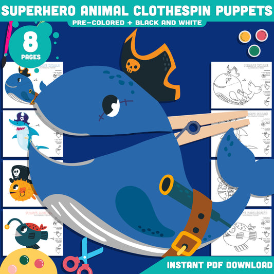 Pirate Sea Animal Clothespin Puppets, Printable Ocean Puppet Craft, Whale, Shark, Pufferfish & Anglerfish Activity