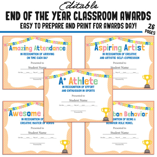 Printable & Editable End of Year Awards Certificates, 26 Pages, PDF, Instant Download – Perfect for Classroom and Student Achievements