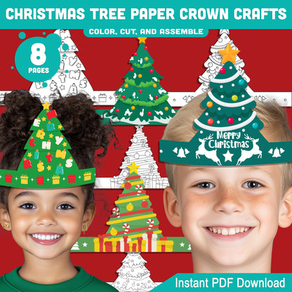 Printable Christmas Tree Paper Crown Crafts, Coloring Hat and Headband for Winter Fun, Holiday Party Paper Hat, 4 Designs, Pre-color + Black & White, PDF Download
