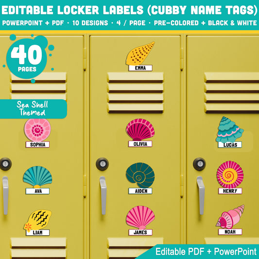 Editable Locker Labels (Cubby Name Tags), Sea Shell Themed, 8.5x11", 4 Per Page, PDF + PowerPoint, Instant Download, 40 Pages