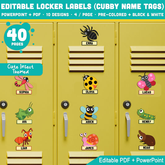 Editable Locker Labels (Cubby Name Tags), Cute Insect Themed, 40 Pages, PDF + PowerPoint, Pre-Colored + Black & White, Instant Download, Creative Back to School Craft