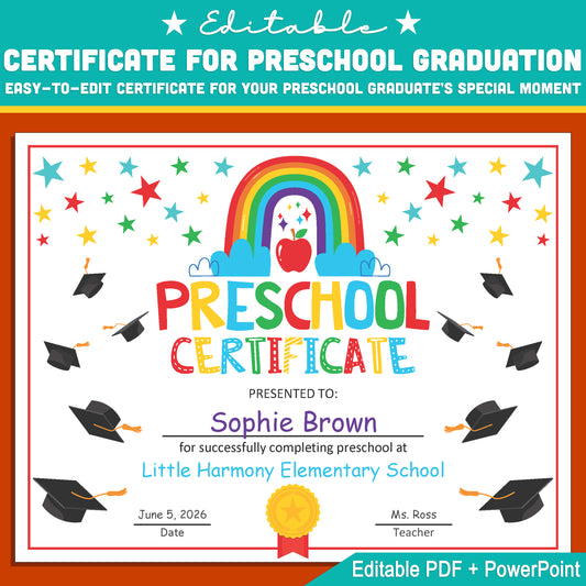 End of Year Preschool Graduation Certificate Template: Editable PDF + PowerPoint, Custom Letter Size Design for Memorable Celebrations, Instant Download