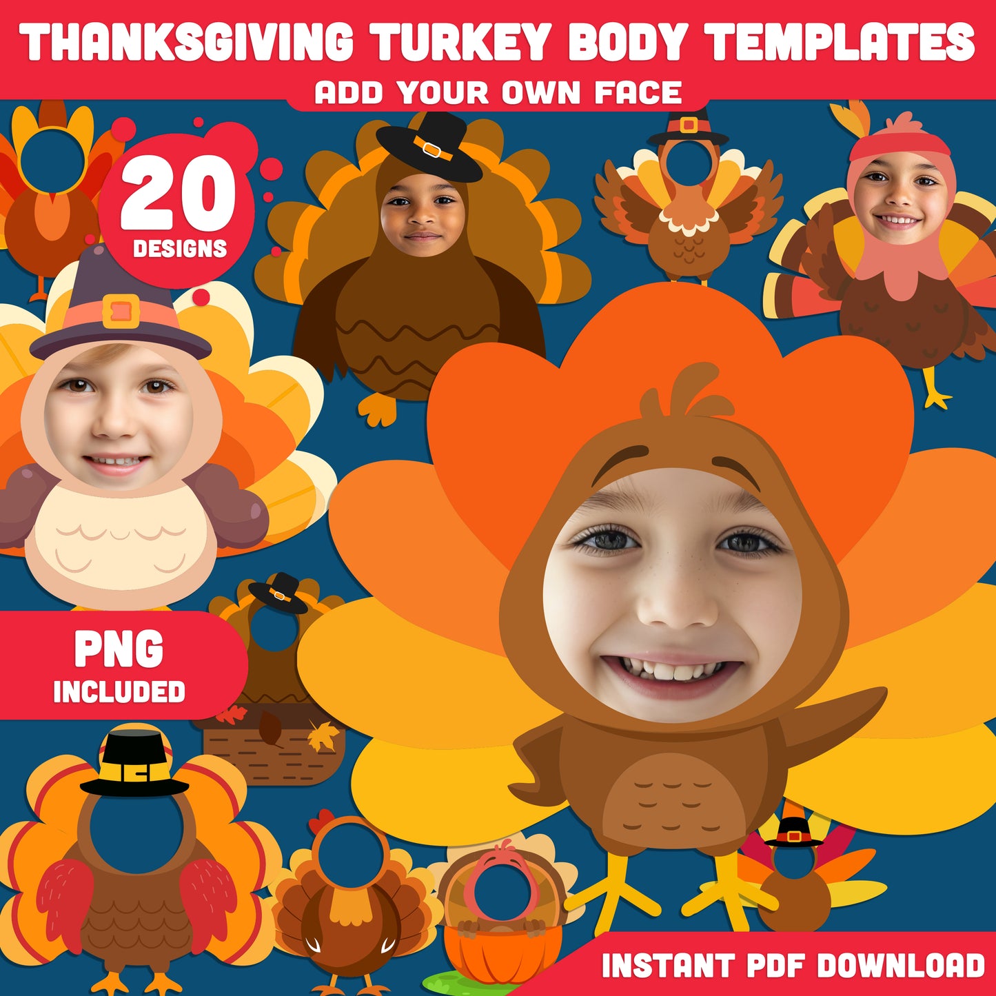 Printable Thanksgiving Turkey Body Templates for Kids, 20 Cute Fall Crafts, High Resolution 300 DPI PDF + PNG Files, Fun Add Your Own Face Activity, Instant Download