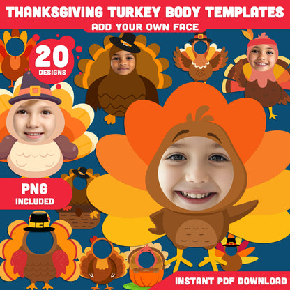 Printable Thanksgiving Turkey Body Templates for Kids, 20 Cute Fall Crafts, High Resolution 300 DPI PDF + PNG Files, Fun Add Your Own Face Activity, Instant Download