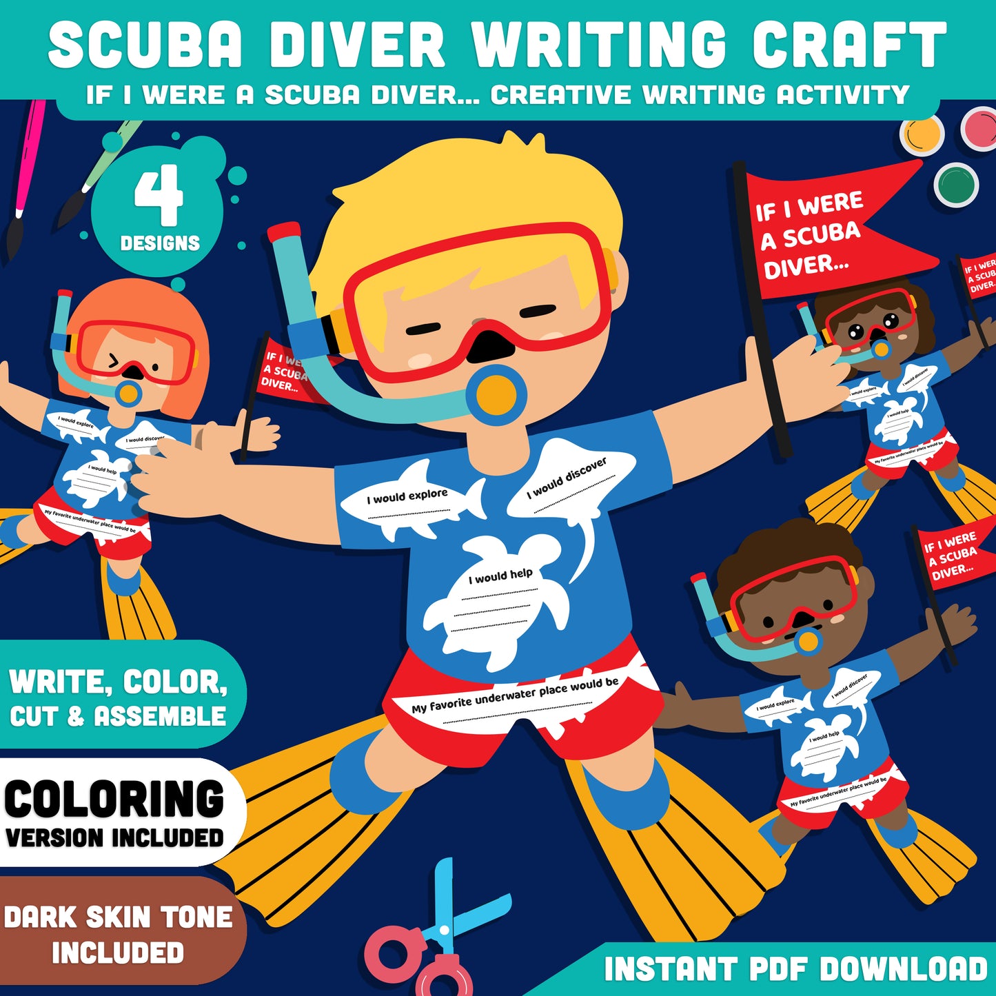 Ocean Writing Craft, Scuba Diver Writing Craft, If I Were a Scuba Diver Activity, Snorkeling Themed Literacy Project, Printable PDF Set