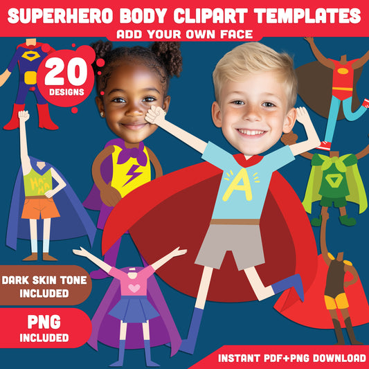 Superhero Body Template Set with Customizable Faces, Light + Dark Skin Tone, PDF + PNG, Instant Download for Kids (PreK to 6th Grade)