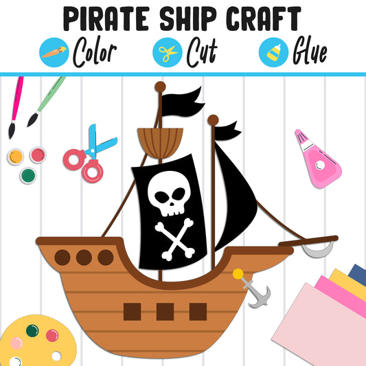 Pirate Ship Craft: Color, Cut, and Glue, a Fun Activity for PreK to 2nd Grade, PDF Instant Download