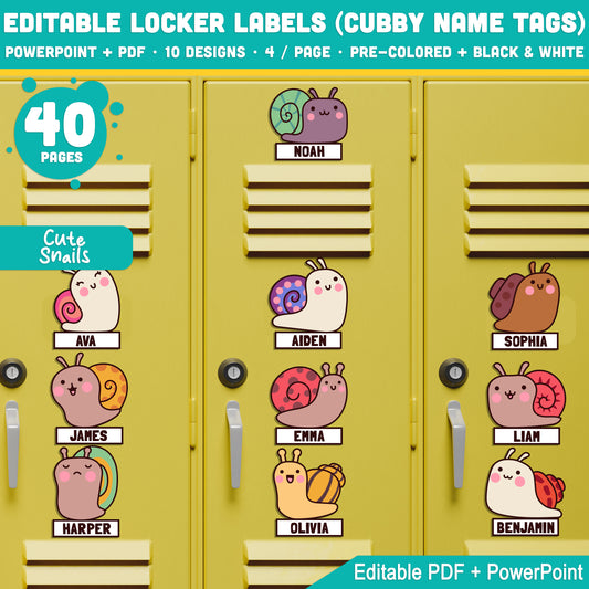 Snail Themed Editable Name Tags – 10 Locker & Cubby Label Designs, PDF + PowerPoint, Back to School Printable Set