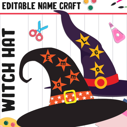 Witch Hat Name Craft Activity: Halloween, Back-to-School Bulletin Board, 40 Pages, 5 Designs, Blank & Editable, Color and Black-and-White