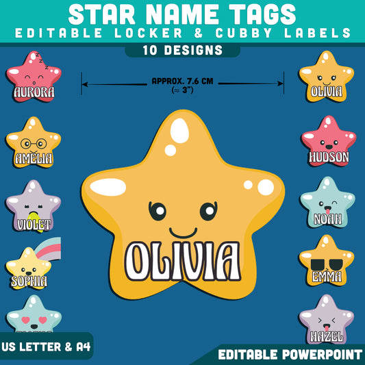Star Name Tags, Editable Locker & Cubby Labels, Printable Classroom Organization, Editable PowerPoint, 10 Colorful Designs, US Letter, A4
