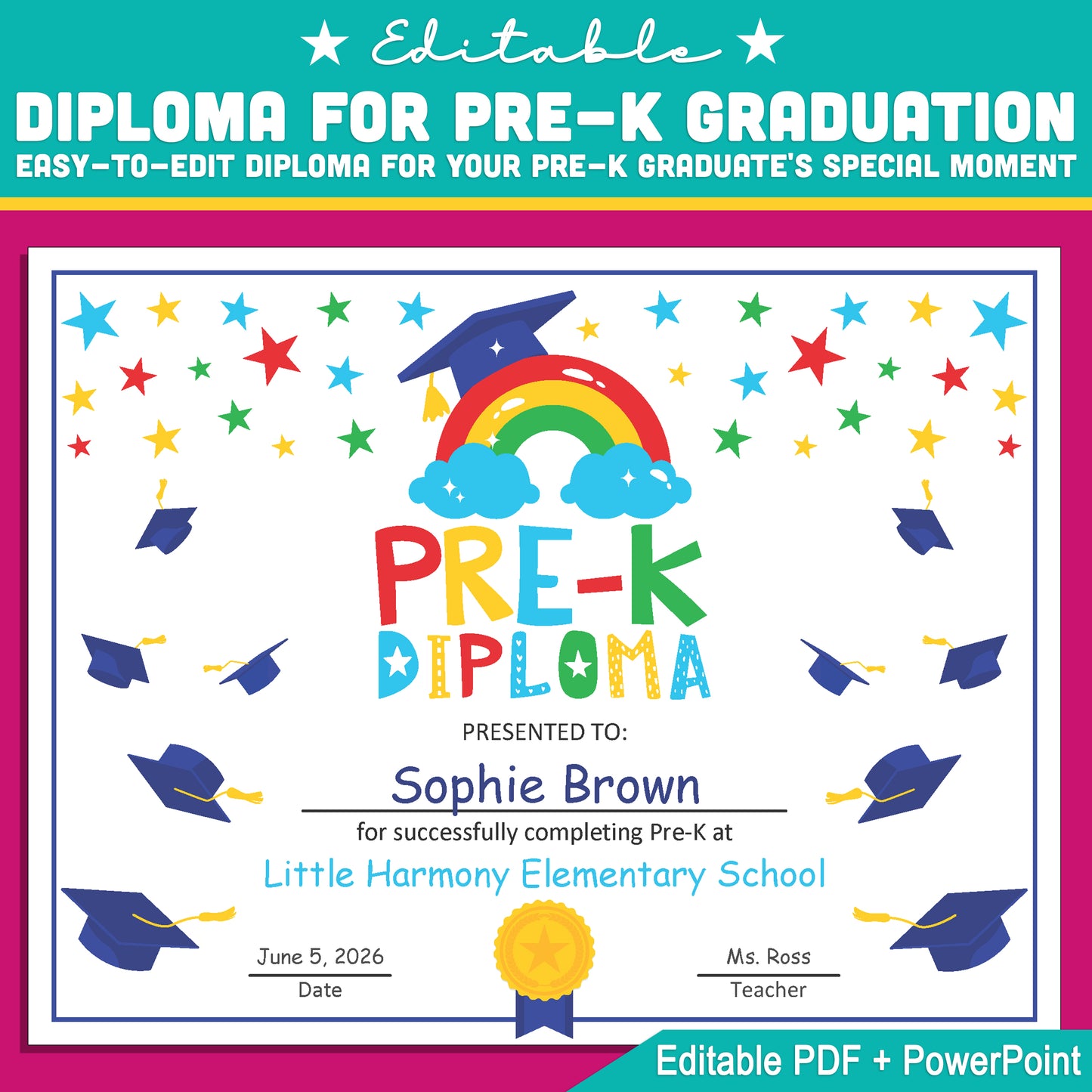 Customizable Pre-K Diploma: Editable Letter Size PDF and PowerPoint for Graduation Ceremonies and Cherished End of Year Moments