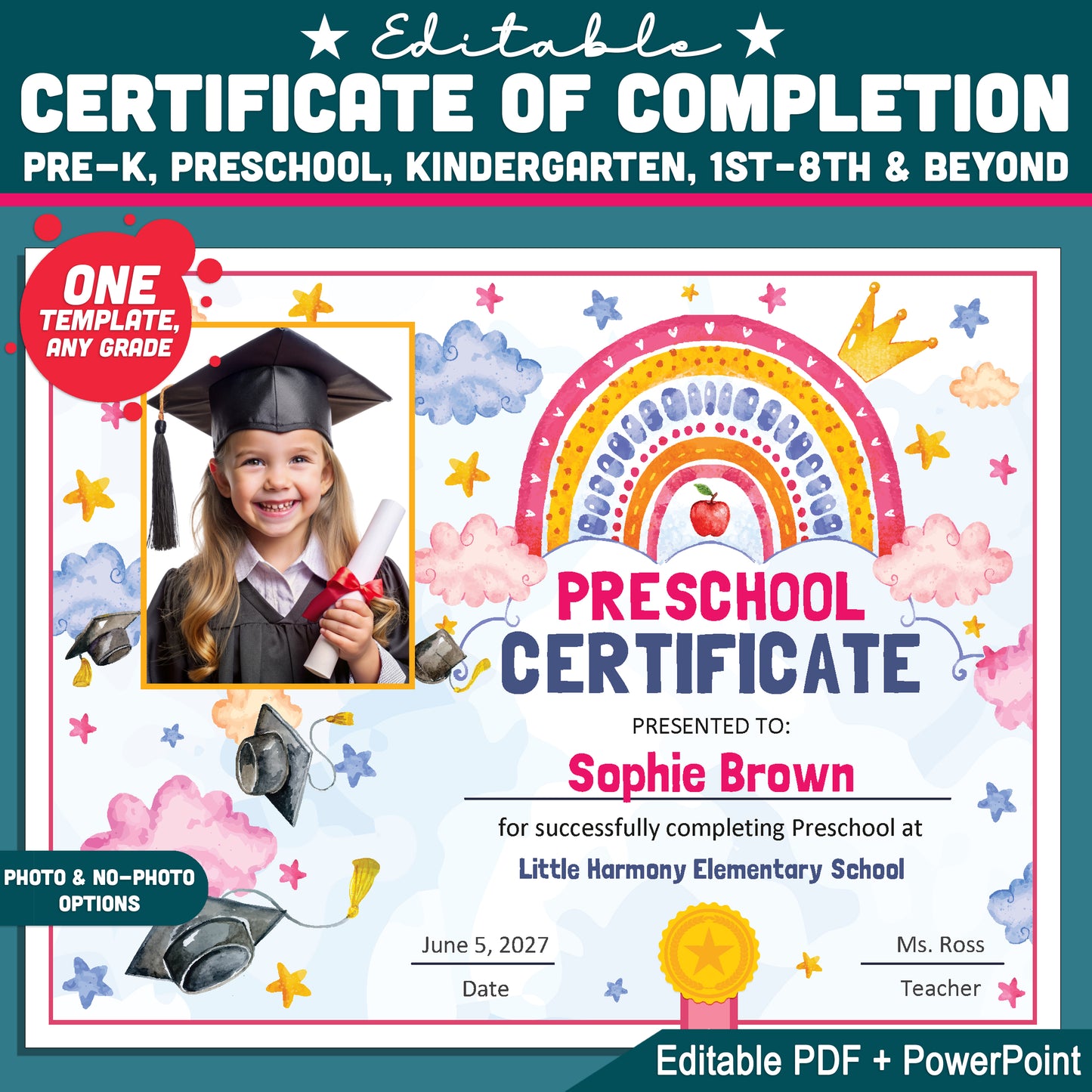 Editable Certificate of Completion, One Template Any Grade Graduation Diploma, Pre-K Preschool to 1st–8th & Beyond, PDF PowerPoint Templates