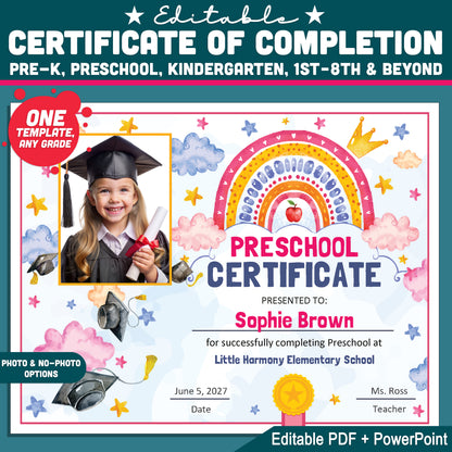 Editable Certificate of Completion, One Template Any Grade Graduation Diploma, Pre-K Preschool to 1st–8th & Beyond, PDF PowerPoint Templates