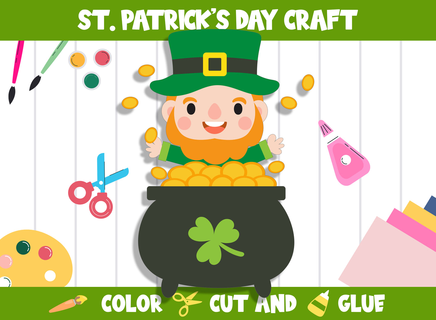 St. Patrick's Day Craft Activity : Color, Cut, and Glue for PreK to 2nd Grade, PDF File, Instant Download