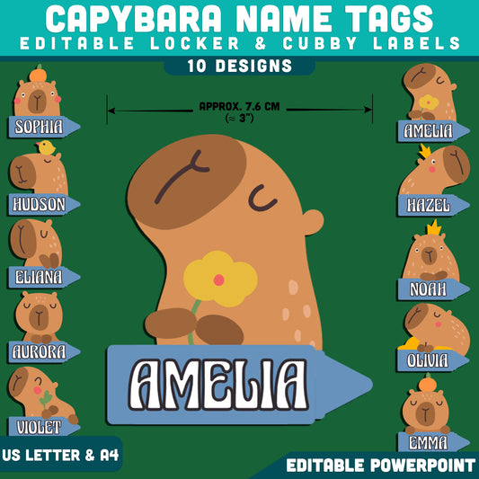 Capybara Name Tags, Editable Locker & Cubby Labels, Unique Classroom Decor, PowerPoint Template, 10 Designs, Student Organization, US Letter, A4