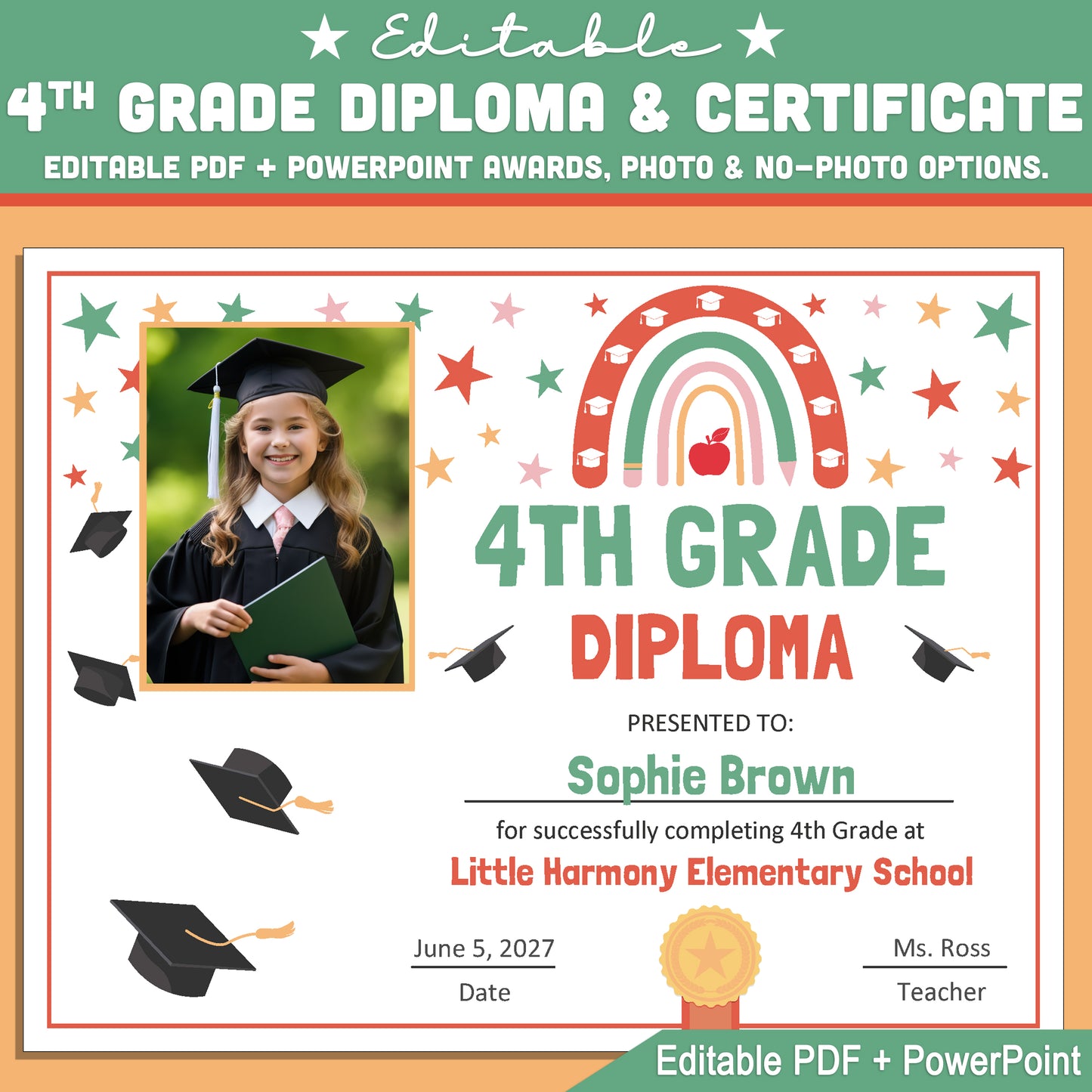 Editable 4th Grade Graduation Diploma & Certificate Set, Retro Rainbow Stars Theme, 8.5x11 Awards, Photo and No-Photo Options, PDF, PowerPoint