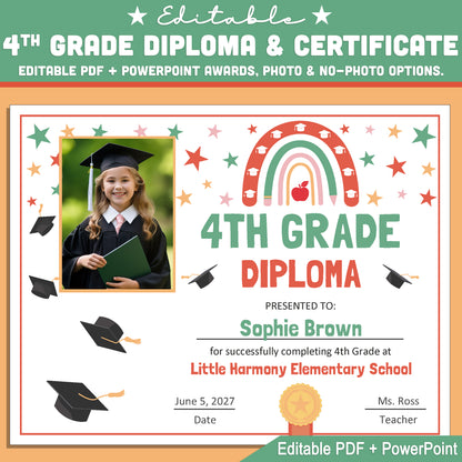 Editable 4th Grade Graduation Diploma & Certificate Set, Retro Rainbow Stars Theme, 8.5x11 Awards, Photo and No-Photo Options, PDF, PowerPoint