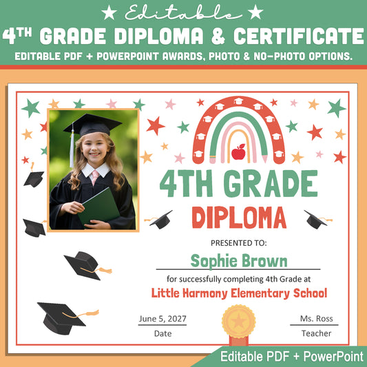 Editable 4th Grade Graduation Diploma & Certificate Set, Retro Rainbow Stars Theme, 8.5x11 Awards, Photo and No-Photo Options, PDF, PowerPoint