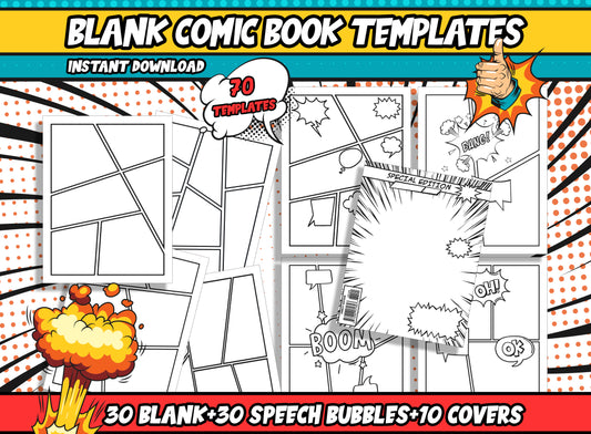70 Comic Strip Templates, Create Your Own Comic Book, Includes: 30 Blank Templates, 30 Pages of Speech Bubbles, and 10 Covers, PDF Files.