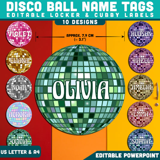 Retro Disco Ball Name Tags, Editable Locker & Cubby Labels, Colorful Learning Space Decor, PowerPoint Printable, US Letter, A4