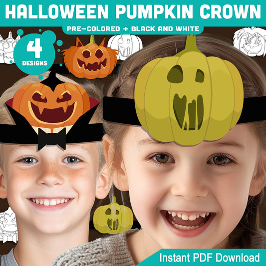 Halloween Pumpkin Crown, Printable Pumpkin Headband, Paper Hat Craft, Pre-Colored and Black & White, 4 Designs, Halloween Activity, A4, US Letter