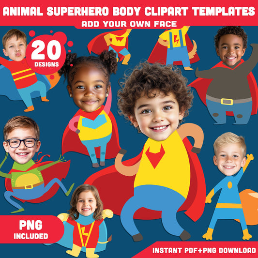 Animal Superhero Body Clipart Templates – DIY Craft! Add Your Face to Cute Animal Hero Designs, PDF + PNG