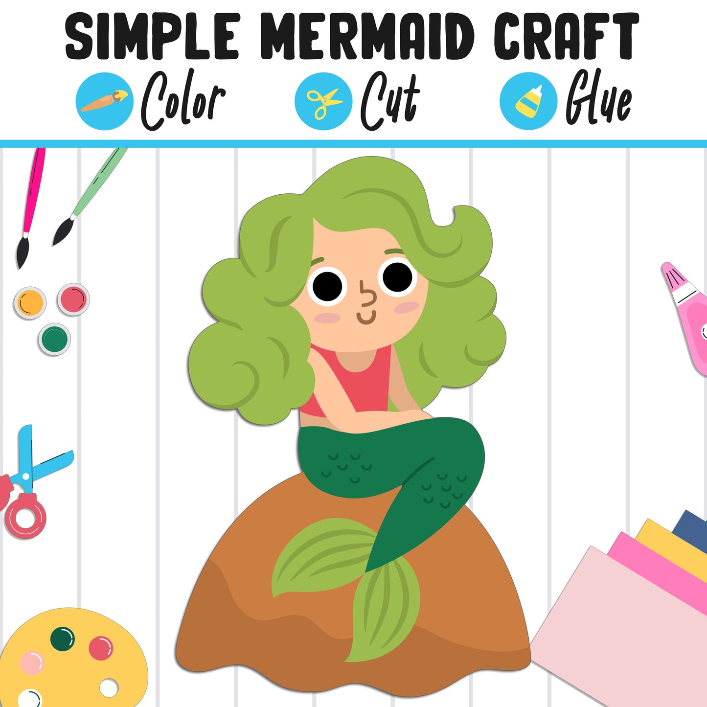 Simple Mermaid Craft for Kids: Color, Cut, and Glue, a Fun Activity for Pre K to 2nd Grade, PDF Instant Download