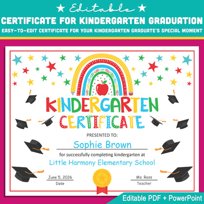 Kindergarten Graduation Certificate with Photo: Editable Diploma Template in Letter Size, Customizable PDF + PowerPoint, Ideal for Last Day of School, Instant Download!