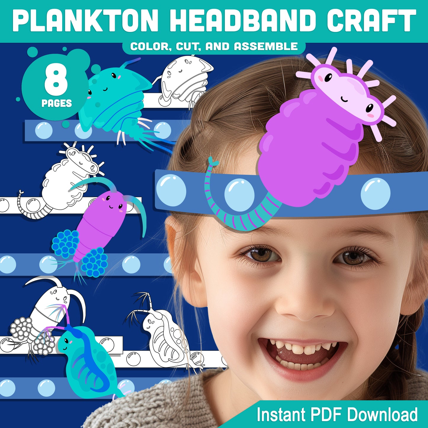 Plankton Headband Craft Under the Sea Paper Hat Activity, Pre-color + Black and White