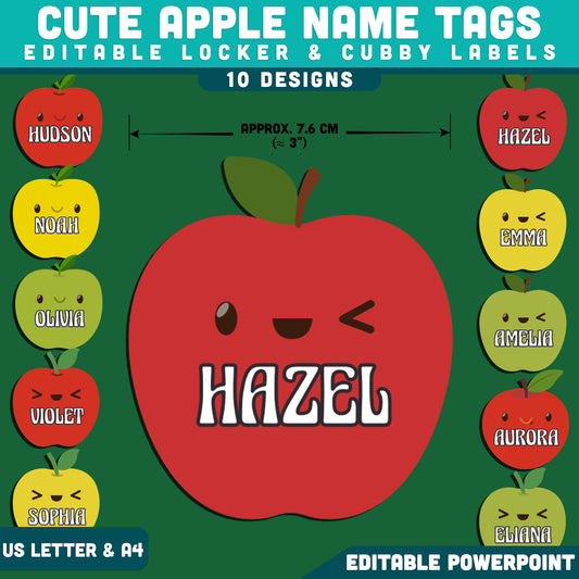 Cute Apple Name Tags, Editable Locker & Cubby Labels, Cheerful Classroom Organization, PowerPoint Template, 10 Designs, Back to School, US Letter, A4