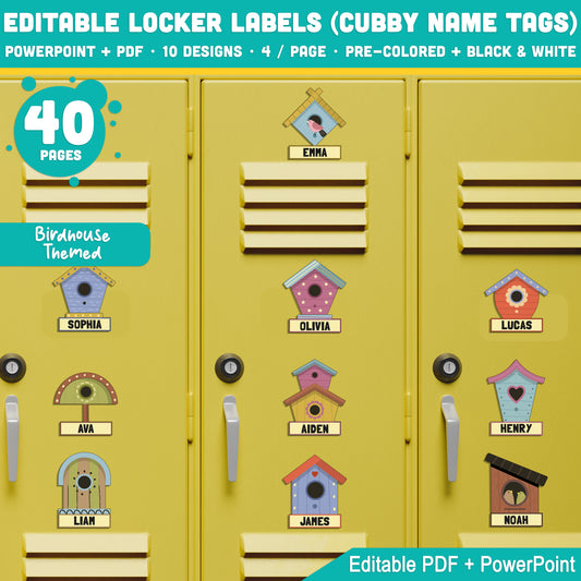 Editable Locker Labels (Cubby Name Tags), Birdhouse Themed, 40 Pages, Pre-Colored + Black & White, PDF + PowerPoint, Instant Download, Back to School Craft