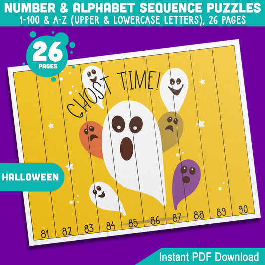 Halloween Number and Alphabet Puzzles: 1-100 and A-Z Sequencing Activities for Toddlers, Preschool, and Kindergarten – Printable PDF for Math Centers