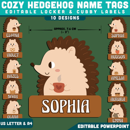 Cozy Hedgehog Name Tags, Editable Locker & Cubby Labels, Snug Nature Classroom Theme, PowerPoint Template, 10 Designs, Student Spaces, US Letter, A4