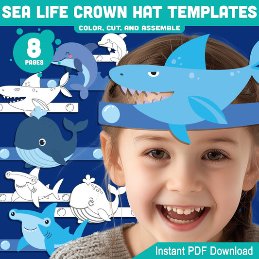 Sea Life Crown Hat Templates – Printable 8 Page Set with Pre-Colored + Black & White Options, Fun Paper Headbands for Preschool and Up