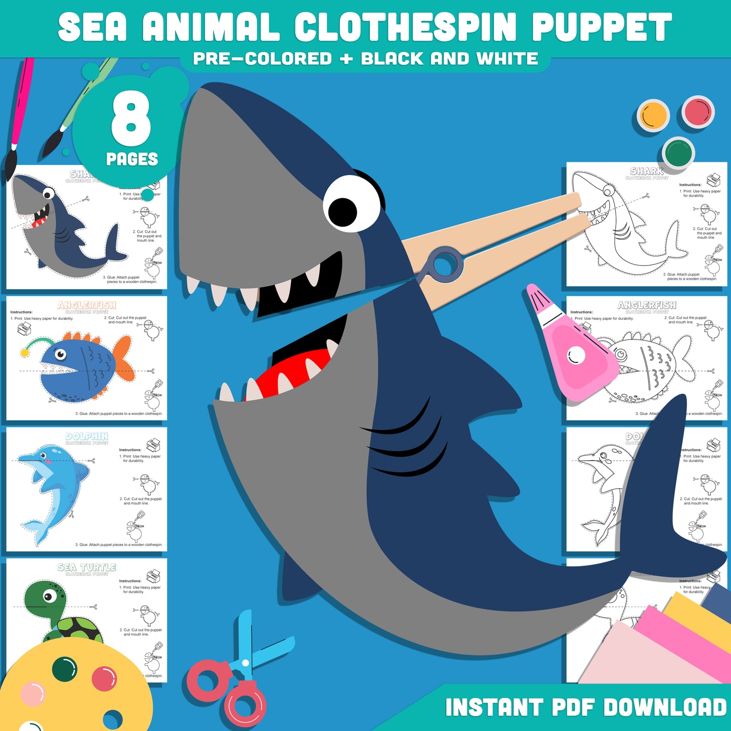 Sea Animal Puppets Craft: 8-Page Clothespin Printable with 4 Designs in Pre-Colored & Black & White Versions for Fun Playtime Activities