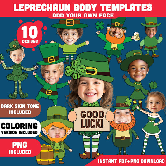 Leprechaun Body Templates, St. Patrick’s Day Add Your Own Face Craft for Kids, Printable Coloring Body Templates