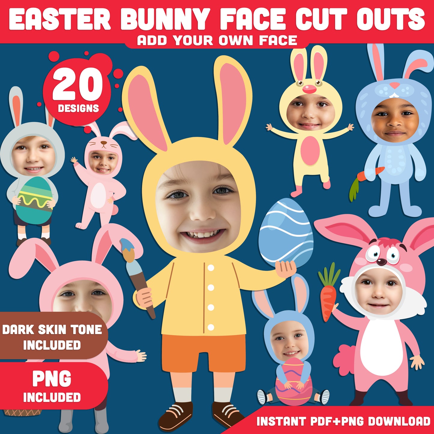 DIY Easter Bunny Face Cutout Templates, Printable Designs for a Fun Kids’ Activity, Add Your Own Face, Creative Spring Craft, Light + Dark Skin Tone, Instant PDF + PNG Download