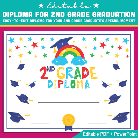 Editable Second Grade Diploma Template: PDF & PowerPoint, Perfect for Graduation, Achievement Recognition, and Special Ceremonies, Letter Size