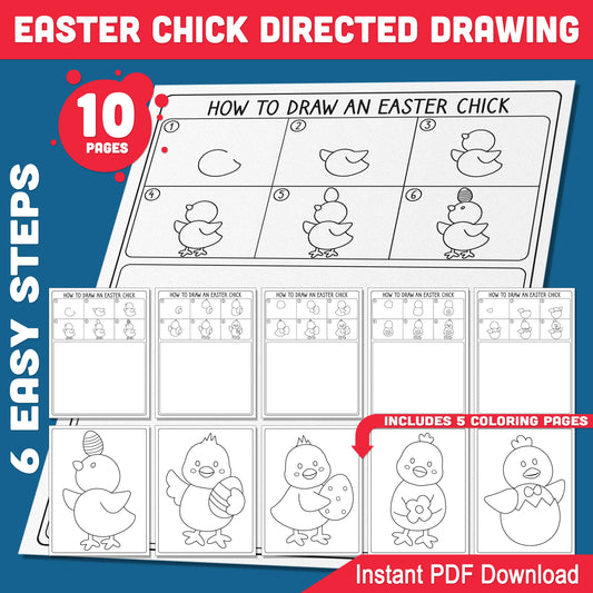 Easter Chick Directed Drawing Activity – Easter Chick Directed Drawing Worksheets, 5-Page Guide with 6 Easy Steps, Coloring Pages, Printable PDF