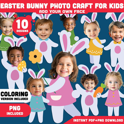 Easter Bunny Photo Craft for Kids, Add Your Own Face Bunny Templates, 10 Printable Designs, Coloring Version Included, PDF + PNG