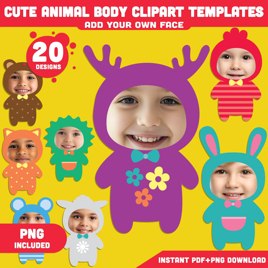 Animal Body Clipart Templates: Personalize with Your Photo, Fun Printable Cutouts for DIY Kids’ Crafts, Instant PDF + PNG Download.