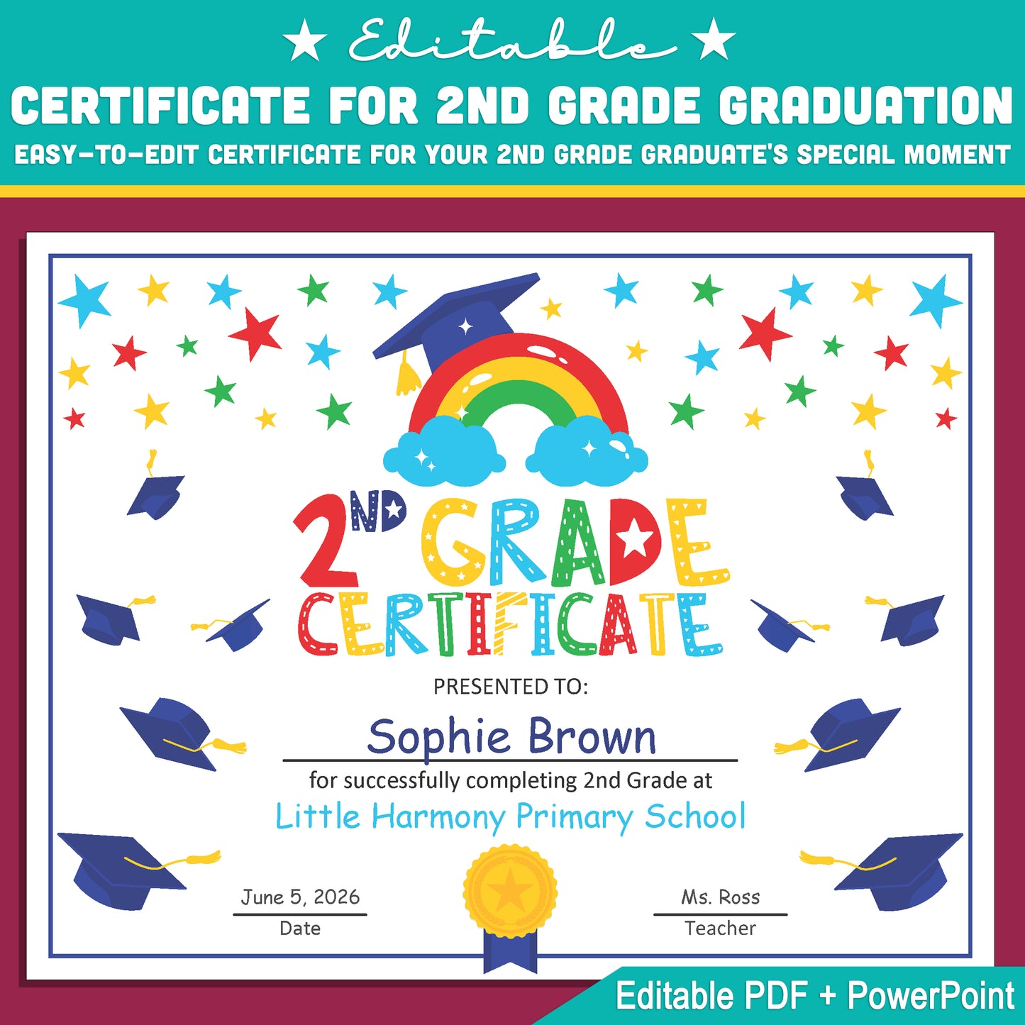 Second Grade Certificate Template: Editable Letter Size PDF & PowerPoint for Graduation, Milestone Achievements, and Special Award Ceremonies