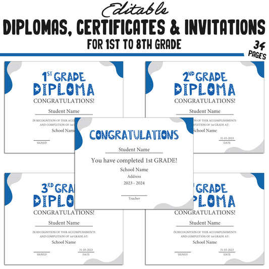 Editable 1st-8th Grade Graduation Certificate, Diploma, and Invitation Templates in a Modern Blue and Grey Theme - PDF Instant Download